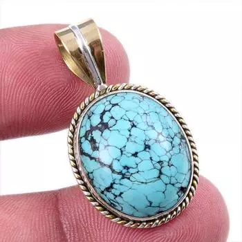 Natural Tibetan Turquoise Gemstone 925 Solid Silver Two Tone Pendant 1.50 M3K13
