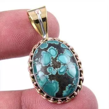 Natural Tibetan Turquoise Gemstone 925 Solid Silver Two Tone Pendant 1.50 u2o15