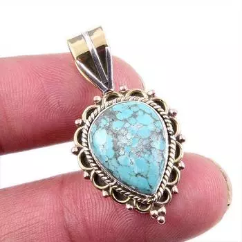 Natural Tibetan Turquoise Gemstone 925 Solid Silver Two Tone Pendant 1.5 Z0v39