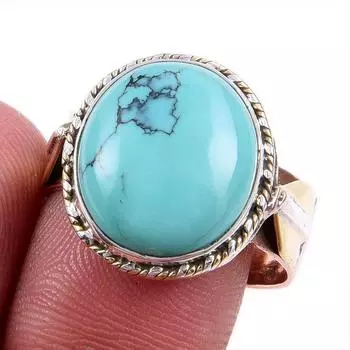 Natural Tibetan Turquoise Gemstone 925 Solid Silver Two Tone Ring Size 10US o1p05