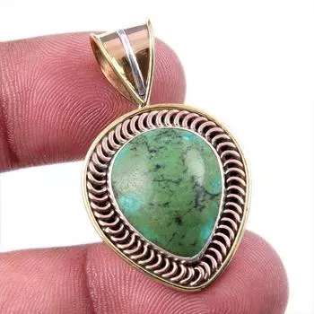 Natural Tibetan Turquoise Gemstone 925 Solid Silver Two Tone Pendant 1.50 N0A84