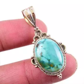 Natural Tibetan Turquoise Gemstone 925 Solid Silver Two Tone Pendant 1.5 n4C78
