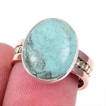 Natural Tibetan Turquoise Gemstone 925 Solid Silver Two Tone Ring Size 7US a9e27