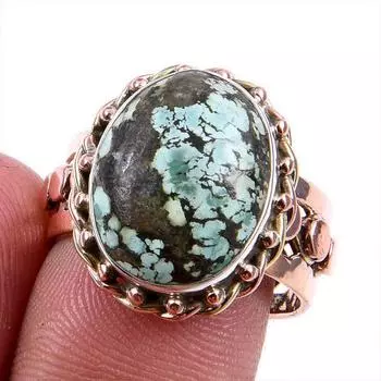 Natural Tibetan Turquoise Gemstone 925 Solid Silver Two Tone Ring Size 8US C1b31