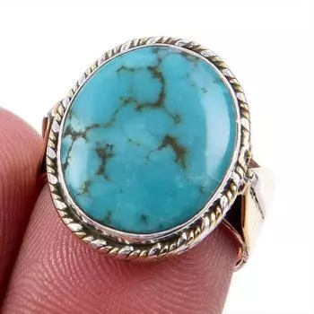 Natural Tibetan Turquoise Gemstone 925 Solid Silver Two Tone Ring S.6.5US F3W93