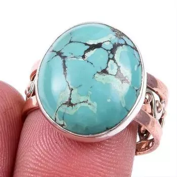 Natural Tibetan Turquoise Gemstone 925 Solid Silver Two Tone Ring Size 9US T6M98