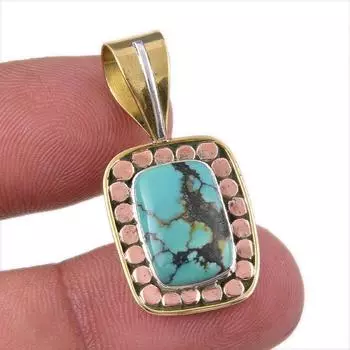 Natural Tibetan Turquoise Gemstone 925 Solid Silver Two Tone Pendant 1.25 f4W25