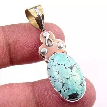 Natural Tibetan Turquoise Gemstone 925 Solid Silver Two Tone Pendant 1.75 J3r02