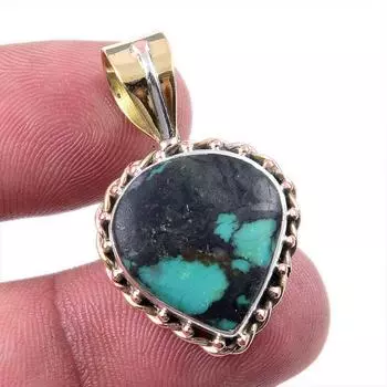 Natural Tibetan Turquoise Gemstone 925 Solid Silver Two Tone Pendant 1.25 v5W83