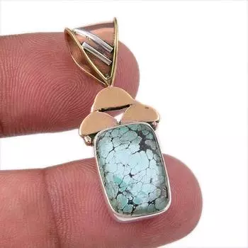 Natural Tibetan Turquoise Gemstone 925 Solid Silver Two Tone Pendant 1.50 h6q92