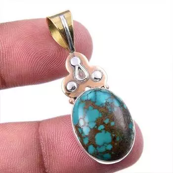 Natural Tibetan Turquoise Gemstone 925 Solid Silver Two Tone Pendant 1.75 u7v45