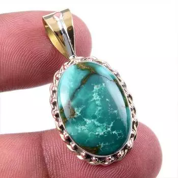 Natural Tibetan Turquoise Gemstone 925 Solid Silver Two Tone Pendant 1.50 E3Z00