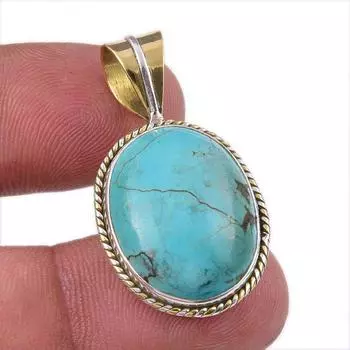 Natural Tibetan Turquoise Gemstone 925 Solid Silver Two Tone Pendant 1.50 c9B63