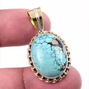 Natural Tibetan Turquoise Gemstone 925 Solid Silver Two Tone Pendant 1.50 D0W60