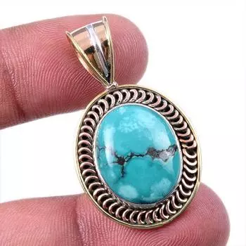 Natural Tibetan Turquoise Gemstone 925 Solid Silver Two Tone Pendant 1.50 i3m07