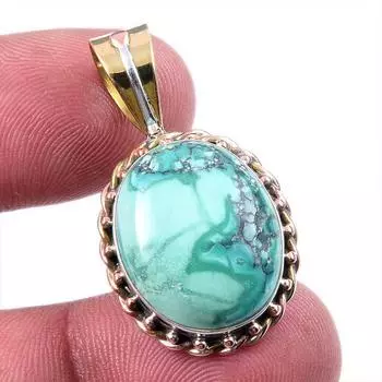 Natural Tibetan Turquoise Gemstone 925 Solid Silver Two Tone Pendant 1.25 A0K27