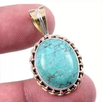 Natural Tibetan Turquoise Gemstone 925 Solid Silver Two Tone Pendant 1.50 O6J56