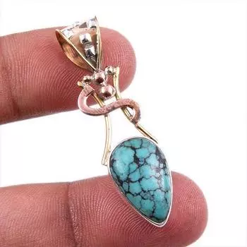Natural Tibetan Turquoise Gemstone 925 Solid Silver Two Tone Pendant 1.75 T8n22