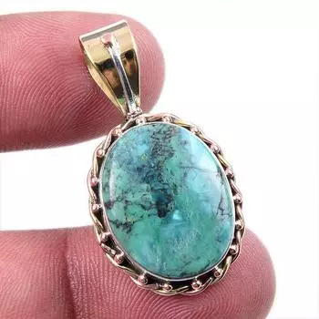 Natural Tibetan Turquoise Gemstone 925 Solid Silver Two Tone Pendant 1.25 A1A19