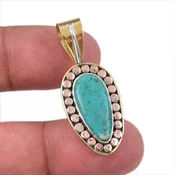 Natural Tibetan Turquoise Gemstone 925 Solid Silver Two Tone Pendant 1.50 I7T37