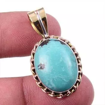 Natural Tibetan Turquoise Gemstone 925 Solid Silver Two Tone Pendant 1.25 g6K41