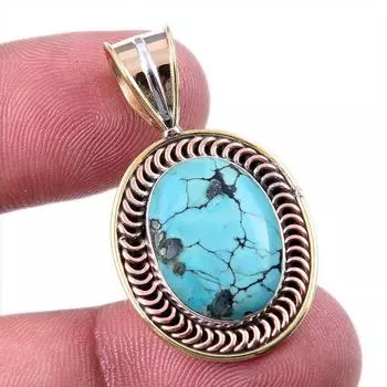 Natural Tibetan Turquoise Gemstone 925 Solid Silver Two Tone Pendant 1.25 F6V68