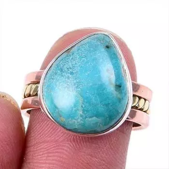 Natural Tibetan Turquoise Gemstone 925 Solid Silver Two Tone Ring S.7.5US q2n66