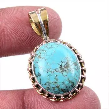 Natural Tibetan Turquoise Gemstone 925 Solid Silver Two Tone Pendant 1.25 i4E02