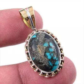 Natural Tibetan Turquoise Gemstone 925 Solid Silver Two Tone Pendant 1.25 f5m82