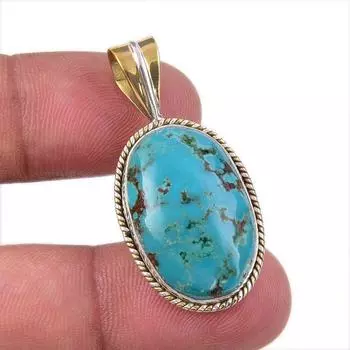 Natural Tibetan Turquoise Gemstone 925 Solid Silver Two Tone Pendant 1.50 L3V18