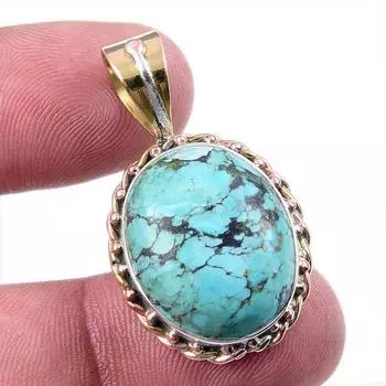 Natural Tibetan Turquoise Gemstone 925 Solid Silver Two Tone Pendant 1.50 l7g86