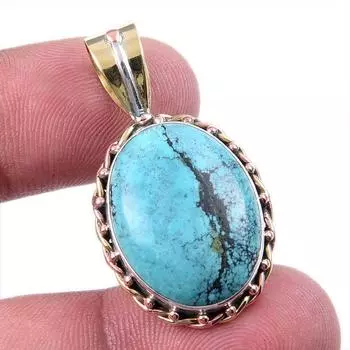 Natural Tibetan Turquoise Gemstone 925 Solid Silver Two Tone Pendant 1.25 h7Y45