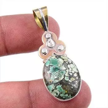 Natural Tibetan Turquoise Gemstone 925 Solid Silver Two Tone Pendant 1.75 e9Q39
