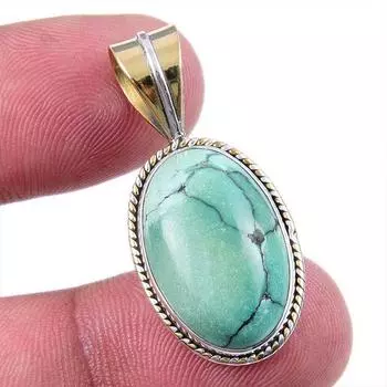 Natural Tibetan Turquoise Gemstone 925 Solid Silver Two Tone Pendant 1.25 f3K15