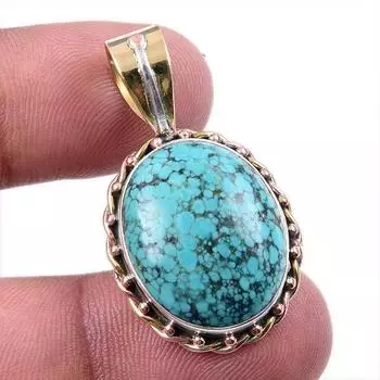Natural Tibetan Turquoise Gemstone 925 Solid Silver Two Tone Pendant 1.25 e5F92