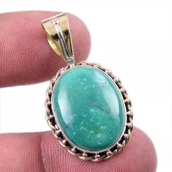 Natural Tibetan Turquoise Gemstone 925 Solid Silver Two Tone Pendant 1.25 J7A97