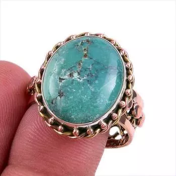 Natural Tibetan Turquoise Gemstone 925 Sterling Silver Two Tone Ring S.10 d9R26