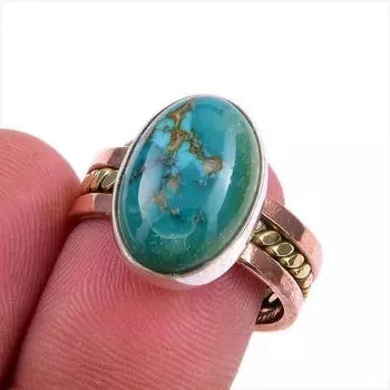 Natural Tibetan Turquoise Gemstone 925 Sterling Silver Two Tone Ring Size 7 d6Y51