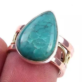 Natural Tibetan Turquoise Gemstone 925 Sterling Silver Two Tone Ring S.6.5 T6n28