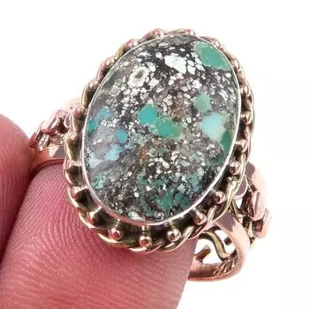 Natural Tibetan Turquoise Gemstone 925 Sterling Silver Two Tone Ring S.10.5 o7r41