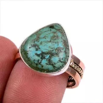 Natural Tibetan Turquoise Gemstone 925 Sterling Silver Two Tone Ring Size 8 E0T72