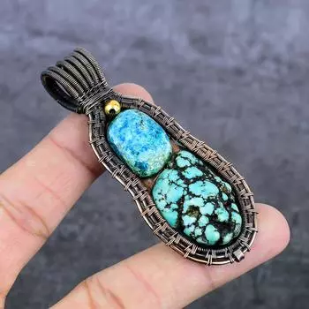 Natural Tibetan Turquoise Gemstone Copper Wire Wrap Jewelry Pendant 3.15 Z6F62
