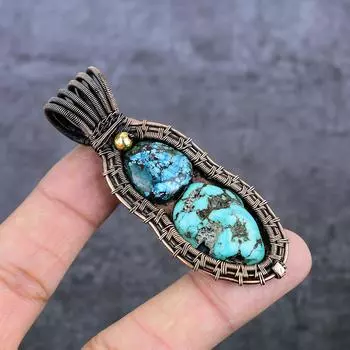Natural Tibetan Turquoise Gemstone Copper Wire Wrap Jewelry Pendant 2.96 s8t43