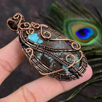 Natural Tibetan Turquoise Gemstone Copper Wire Wrap Gift Pendant 3.35 s0V57