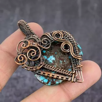 Natural Tibetan Turquoise Gemstone Copper Wire Wrap Jewelry Pendant 2.29 Q4H04