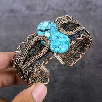 Natural Tibetan Turquoise Gemstone Copper Wire Wrap Cuff Bangle Adjustable z1v80