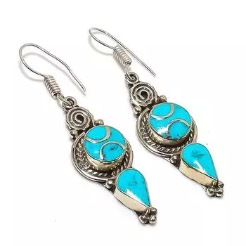 Natural Tibetan Turquoise Gemstone Handmade Jewelry Earring 2.36 n7t66