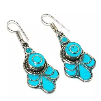 Natural Tibetan Turquoise Gemstone Handmade Jewelry Earring 2.32 V4y13