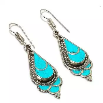 Natural Tibetan Turquoise Gemstone Handmade Jewelry Earring 2.36 L7i15