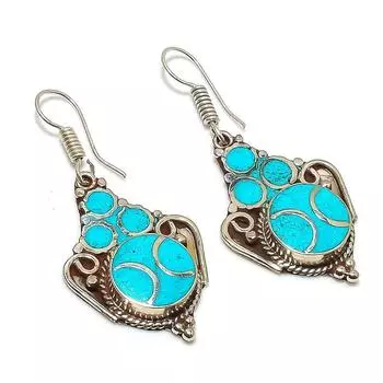 Natural Tibetan Turquoise Gemstone Handmade Jewelry Earring 2.17 q5j97